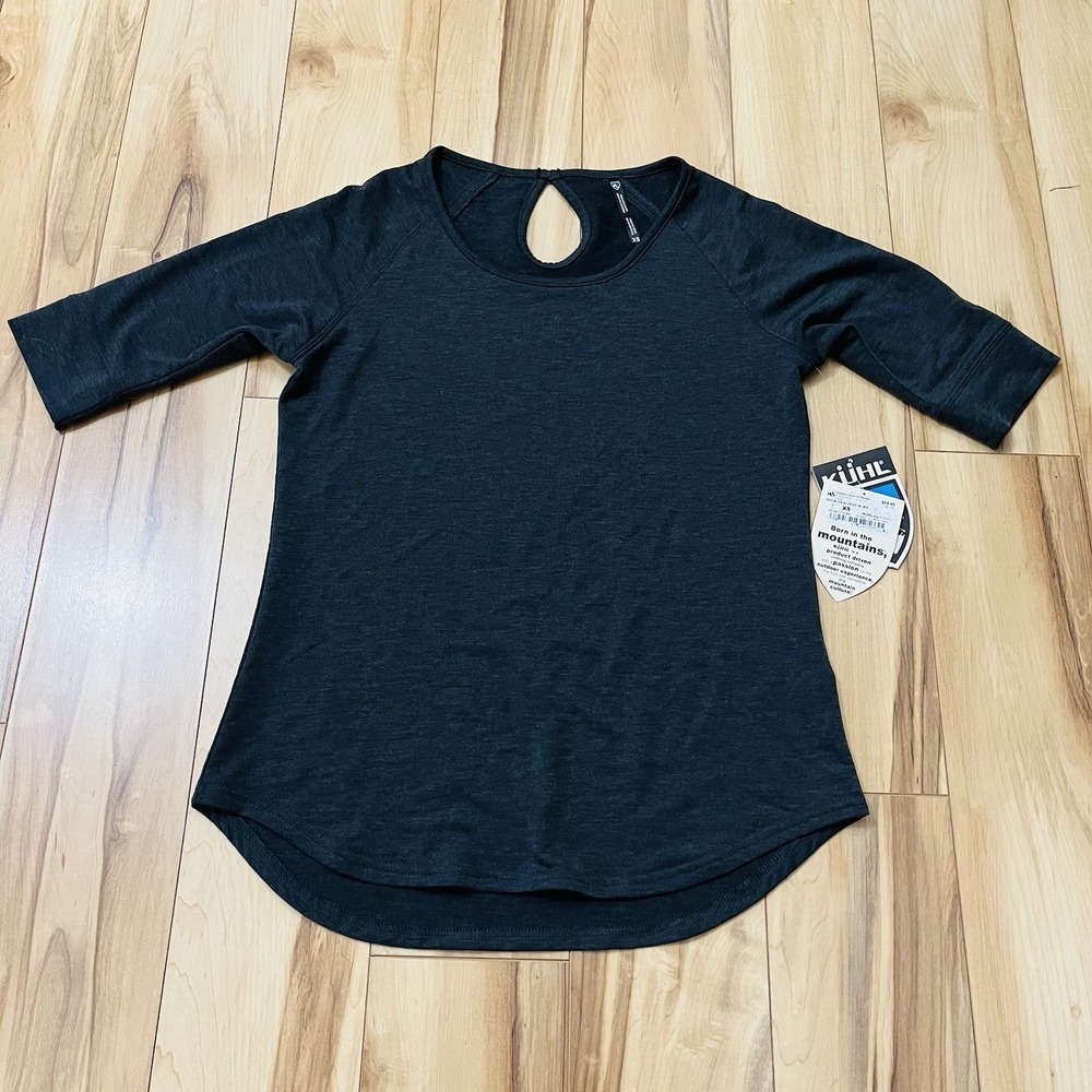 Kuhl Women's Rhea 1/2 Sleeve T Shirt Gray French Terry Keyhole Back Athlesiure